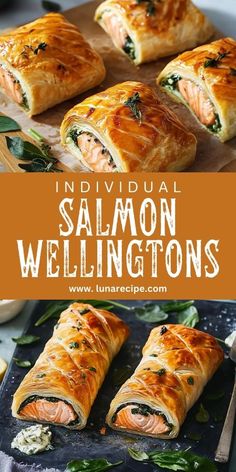 salmon wellingtons with spinach and cheese on the side, in front of other food items