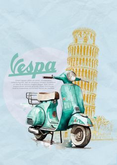 a green scooter parked in front of a tall tower with the word cespa on it