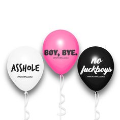 three balloons that say boy, bye and no luck