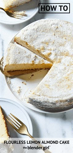 a lemon almond cake on a white plate with a slice cut out and the title how to