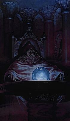 a painting of a bed with a blue light on it's head and arms