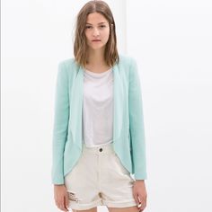 Beautiful Mint Colored Blazer. Features Zips On Each Side. Classy Piece Nwt. Unique Item. Chic Green Blazer For Spring, Zara Casual Blazer For Spring, Zara Casual Blazer For Day Out, Chic Green Blazer For Day Out, Zara Spring Blazer For Day Out, Zara Blazer For Spring Day Out, Casual Spring Office Blazer, Spring Casual Tailored Blazer, Zara Spring Office Outerwear