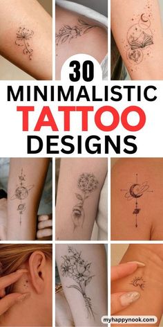 many different tattoos are shown with the words, 30 minimalistic tattoo designs on them