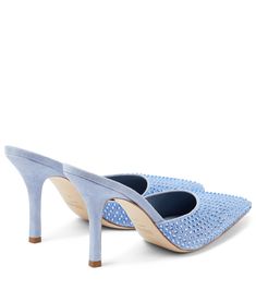 Embellished Suede Mules in Blue - Paris Texas | Mytheresa Luxury High Heel Mules With Rhinestones, Luxury Embellished Mules For Evening, Luxury Embellished Evening Mules, Luxury Embellished Mules For Party, Embellished Leather Mules For Evening, Evening Embellished Leather Mules, Luxury Fitted Pointed Toe Mules, Glamorous Embellished Mules For Evening, Glamorous Embellished Evening Mules