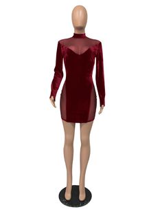 Fashion Gauze Velvet Patchwork Long Sleeve Bodycon Mini Dress Spliced Mini Dress For Fall Parties, Fall Party Mini Dress With Splicing Details, Fall Party Mini Dress With Splicing, Fitted Splicing Dress For Fall, Fitted Fall Dress With Splicing Details, Fitted Dress With Splicing For Fall, Elegant Fitted Mini Dress With Splicing, Sheer Sleeves Bodycon Mini Dress, Fitted Mini-length Bodycon Dress With Splicing