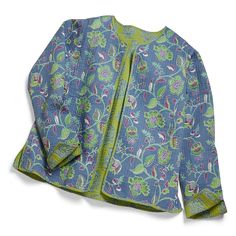 Reversible cotton jacket reinterpreting a vintage floral Romanian textile in a striking lilac and lime colour palette. The lightly quilted cotton style in a cropped, edge-to-edge silhouette with side splits and full length sleeves reverses to a paisley patterned design on a lime coloured background. Eye-catching and versatile, this Oradea Reversible Jacket captures wanderlst bohemian style, showcasing lively folk motifs that sing in joyful hues for the summer. Made exclusively for Culture Vultur Reversible Jacket Women, Creative Jackets, Sewing Jacket, Cotton Jackets Women, Kurtis Tops, Bohemian Jackets, Colorful Jacket, Coloured Background, Longline Jacket