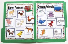 an open children's book with pictures of animals and their names on it,