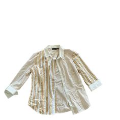 New York And Company Striped Button Down Shirt Cuffed Sleeve Size Large Nwt Yellow And White Stripes Brand New Yellow Spring Office Tops, Day Out Blouse With Striped Collar, Yellow Summer Office Shirt, Yellow Summer Office Tops, Button-up Tops With Striped Collar For Day Out, Casual Yellow Office Blouse, Casual Button-up Blouse With Striped Collar, Button-up Shirt With Striped Collar For Day Out, Day Out Button-up Shirt With Striped Collar