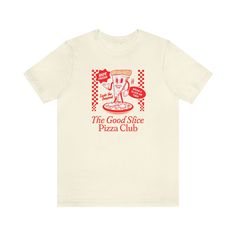 For all you pizza lovers this classic unisex jersey short sleeve tee fits like a well-loved favorite. Soft cotton and quality print make users fall in love with it over and over again. These t-shirts have-ribbed knit collars to bolster shaping. The shoulders have taping for better fit over time. Dual side seams hold the garment's shape for longer.  .: 100% Airlume combed and ringspun cotton (fiber content may vary for different colors) .: Light fabric (4.2 oz/yd² (142 g/m .: Retail fit .: Tear away label .: Runs true to size Pizza Tshirt Design, Retro Pizza, Pizza Tee, Slice Pizza, Kids Pizza, Pizza Lunch, Pizza Express