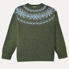 "Scottish Fair Isle style men's Fir Green lambswool jumper made from a soft natural yarn, with a traditional neck detail. Here's a contemporary and elegant twist on a classic Scottish jumper. Robbie Fair Isle is a new take on an old favourite. The soft, earthy moss green lambswool yarn is delicately complemented by a pale blue and heather green yoke design. Our choice of colours brings a natural feel to a classic design. Finished with a crew neck with lightly ribbed neck, cuffs and hem. Our Robb Fair Isle Jumper, Fair Isle Pullover, Yoke Design, Winter Jumpers, Earthy Green, Heather Green, Christmas Jumper, Fair Isle Sweater, Soft Natural