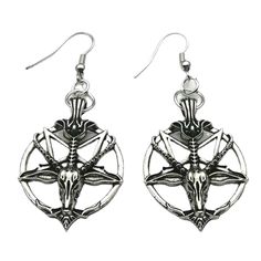 pair of alloy Baphomet earrings 1.5 inches in size Gothic Horned Metal Jewelry, Horned Gothic Metal Jewelry, Nickel-free Gothic Metal Earrings, Gothic Metal Earrings With Ear Wire, Gothic Metal Plug Earrings With Ear Wire, Satanic Earrings, Demon Earrings, Satanic Goat Head, Earrings Trending