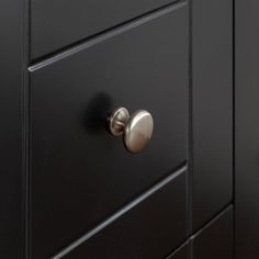 a close up of a black cabinet with two knobs