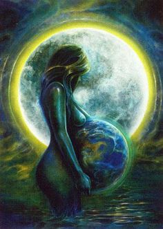 a painting of a pregnant woman standing in the water with her belly wrapped around the moon