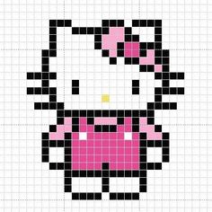 a cross stitch hello kitty pattern in black and white with pink dots on the bottom