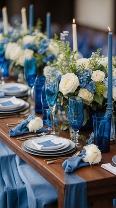 Blue Themed Wedding Reception Beach Table Setting Ideas, Sapphire Wedding Theme Table Settings, Blue Glasses Wedding Table, Teal Blue Wedding Decor, Blue Reception Decorations, French Blue Wedding Theme, Navy Blue Wedding Table Settings, September Wedding Decorations, Blue Themed Wedding Reception