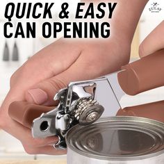 a person is using a can opener to open a can with the words quick and easy can opening on it