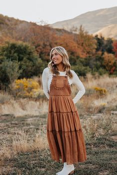 Overall Dress Outfit Fall, Fall Senior Pics Outfits, Heartland Outfits, Long Sleeve Shirt Under Dress, Western Dress Outfits, Layered Dress Outfit, Overall Dress Outfit, Mesh Layering, Layering Long Sleeve