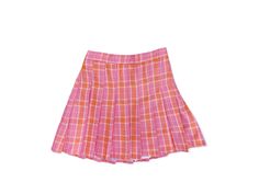 "Pink and orange plaid pleated skorts.  Mini length and high waisted. Elastic waist. Built in shorts.  DETAILS Condition: Very good vintage Best fits women's: Labelled 4-6 will fit an XS  Tag: Made in USA  Material: Polyester  MEASUREMENTS Taken from seam to seam while the garment is lying flat. Double the armpit, waist, and hips Waist 12.5 Length from top 16\" Hips 20\" Rise 12\"" Summer Plaid Pleated Skort, Plaid Pleated Skort For Summer, Summer Pleated Plaid Skort, Plaid Pleated Cotton Skort, Plaid Mini Tennis Skirt For Summer, Preppy Plaid Tennis Skirt For Summer, Summer Plaid Mini Tennis Skirt, Summer Plaid Pleated Skirt, Pleated Plaid Cotton Skort