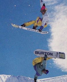 two snowboarders are in the air doing tricks on their skis and snowboards