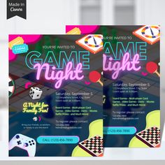 two flyers for a game night party