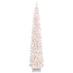 a white artificial christmas tree with lights on the top and bottom, is shown in front of a white background