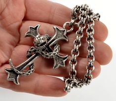 "Fine quality Italian Gothic style sterling snake entwined around the cross pendant C. 1970's. The pendant is precisely crafted on both sides. It has a designer stamp MILO, which stands for Milor, Italy. There is a hallmark 925 for sterling silver. We can sell the pendant separately. The pendant measures 2 1/4\" X 1 3/8\". It weighs 15.8 grams. The double link sterling chain is from Victorian era, C. 1890's. It is 18\" long, 3/16\" thick, and weighs 13.5 grams. It is equipped with spring ring clasp. There is no hallmarks, tested sterling silver. Excellent vintage condition. Antique jewelry box shown for display only." Italian Gothic, Goth Accessories, Antique Jewelry Box, Snake Pendant, Cross Jewelry, Hand Jewelry, Gothic Style, Gothic Jewelry, Dream Jewelry