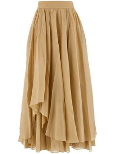 beige silk blend layered design concealed rear zip fastening high-waisted full skirt straight hem mid-length Skirt Straight, Beige Silk, Skirts Midi High Waisted, Versace Outfit, Model Outfits, Yoko London, City Dress, Layered Design, Brand Style