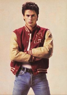 Letterman Jacket Outfit, 80s Guys, 80’s Men, 80s Fashion Men, Look 80s, Varsity Jacket Outfit, 80s Men, Rob Lowe, 80s Jacket