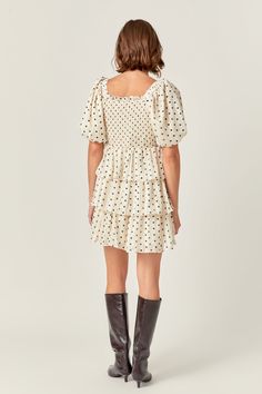 This versatile little number can be dressed up or down to suit any occasion! The polka dot print and puff sleeves add a touch of fun, while the mini length makes it perfect for showing off your favorite pair of heels. Shell: 100% Polyester Lining: 100% Polyester HN332D Total length: 32.50" Bust: 32.50" S CREAM: Height 5'9" / Bust 32" / Waist 24" / Hip 34" Preppy Fall Dress, Preppy Fall Dresses, Tiered Mini Dress, English Factory, Casual Party Dresses, Maxi Dress Sale, Pink Maxi, Fashion Night, Parisian Chic