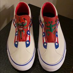 Rare, One Of A Kind, Custom Painted Leather Vans. Puerto Rican Boricua Culture Complete With Flags, Mascara And The Famous Coqui Frog, Painted In Taino Style. These Are Beautiful And Soft. Size 8.5 In Men’s, 9.5-10 In Women I Can Add Name Or More Details Upon Purchase Nursing Shoes Sneakers, Alexander Mcqueen Men Sneakers, Coqui Frog, Leather Vans, Jordan Retro 11, Van Color, Black And White Sneakers, Converse One Star, Nursing Shoes