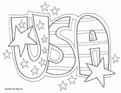 the word usa with stars and stripes is outlined in black ink on a white background