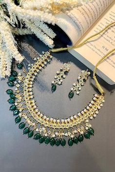 Gold finish necklace embellished with kundan, polki stones and green beads. Comes with a pair of matching earrings. - Aza Fashions Jewellery Sets, Green Beads, Green Bead, Aza Fashion, Matching Earrings, Gold Finish, Necklace Set, Jewelry Sets, Gold Plate