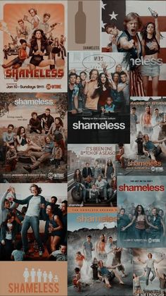 the poster for shameless is shown in many different colors and sizes, including one with an american flag on it