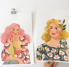 two drawings of women with pink hair and flower crowns on their heads, one in front of the other