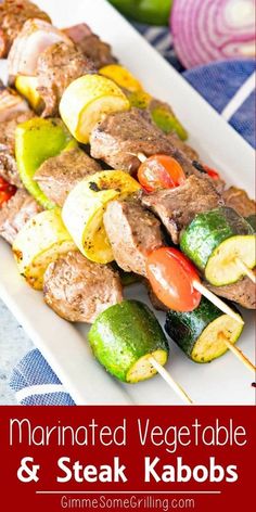 an image of meat and vegetable kabobs on skewers with text overlay