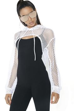 White Fishnet Long Sleeve Shrug Crop Top Startle with this fishnet top, made off white high-quality polyester material, and knitted mesh fabrication, featuring long ruffle sleeves with elastic cuffs, short length in the front and loose in the back, and to add some extra drama it has a built-in hoody with a drawstring closure. This white shrug is suitable for hot weather, match it with a skinny short, a white sneaker, and mirror sunglasses, to reflect the sun. We also have this shrug in neon gree Shrug Crop Top, Sheer Summer Top, Fishnet Long Sleeve, White Shrug, Fishnet Crop Tops, White Fishnets, Long Sleeve Shrug, Hooded Crop Top, Cropped Shrug