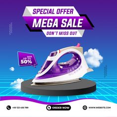 a purple and white iron on top of a stand with the words special offer mega sale don't miss out