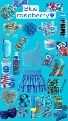 the blue raspberry poster has many different items on it, including candy and candies