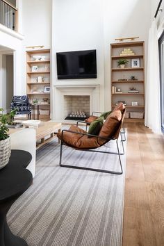 a living room with a couch, chair and television