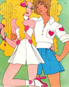 an image of two women with hearts on their shirt and skirt, one is holding a umbrella