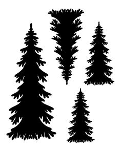 three black and white pine trees silhouettes on a white background, each with different shapes