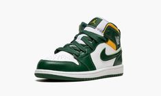 The Air Jordan 1 Mid PS “Sonics” is the preschool sizing of Michael Jordan’s first signature shoe in the popular mid-top silhouette in a colorway that nods to the defunct NBA basketball team.  The “Sonics” edition of the retro basketball shoe is an unofficial tribute to the Seattle Supersonics, the basketball team that relocated to Oklahoma City and became the Thunder in the late 2000s.  As imagined, the colorway features the Sonics’ former green, yellow, and white team uniform colors on its des Nba Basketball Teams, Air Jordan 1 Mid Gs, Seattle Supersonics, Retro Basketball Shoes, Retro Basketball, Nike Air Jordan 1 Mid, Team Uniforms, Basketball Team, Nike Air Jordan 1