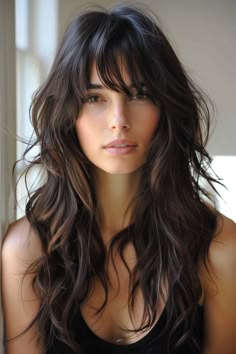 Wispy bangs and long layers are our new hair obsessions for 2024! These 49 cuts showcase the chic combo that takes hair from blah to beautiful. 👆 Click for more ideas！ Modern Bangs, Bangs Haircut Ideas, Bangs Fine Hair, Long Layered Hair With Bangs, Haircut Ideas Trendy, Beautiful Highlights, Bangs Haircut, World Hair