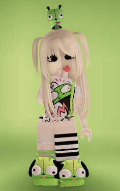 an animated doll with long hair and green eyes holding a cell phone in her hand