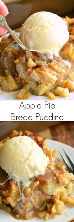 an apple pie bread pudding with ice cream on top is shown in two separate images