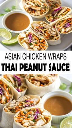 15min · 6 servings     Ingredients:  • 6 large tortillas  • 2 cooked chicken-breasts chopped or sliced  • 1 cup shredded carrots  • ¼ cup chopped fresh-cilantro  • ⅓ cup roasted peanuts  • 3 cups coleslaw mix  https://simplykitch.com/asian-peanut-chicken-wrap/ Chicken Wrap, Thai Peanut, Asian Chicken, Think Food, Chicken Wraps, Peanut Sauce