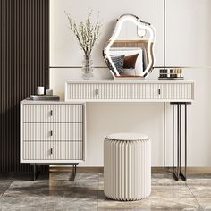 a white dressing table with a round mirror and stool in the corner next to it