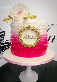 there is a cake that has been decorated with pink and white ruffles on it