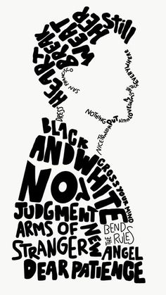 a black and white poster with words in the shape of a woman's head