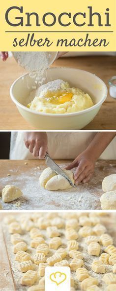 the process of making homemade gnocchini is shown in three different pictures, including dough